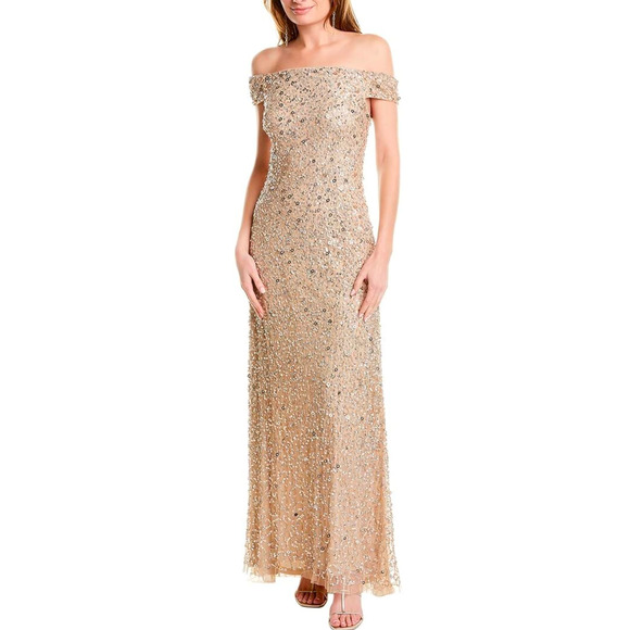 NWT Adrianna Papell Women's Off The Shoulder Sequin Beaded Gown sz 12 Champagne